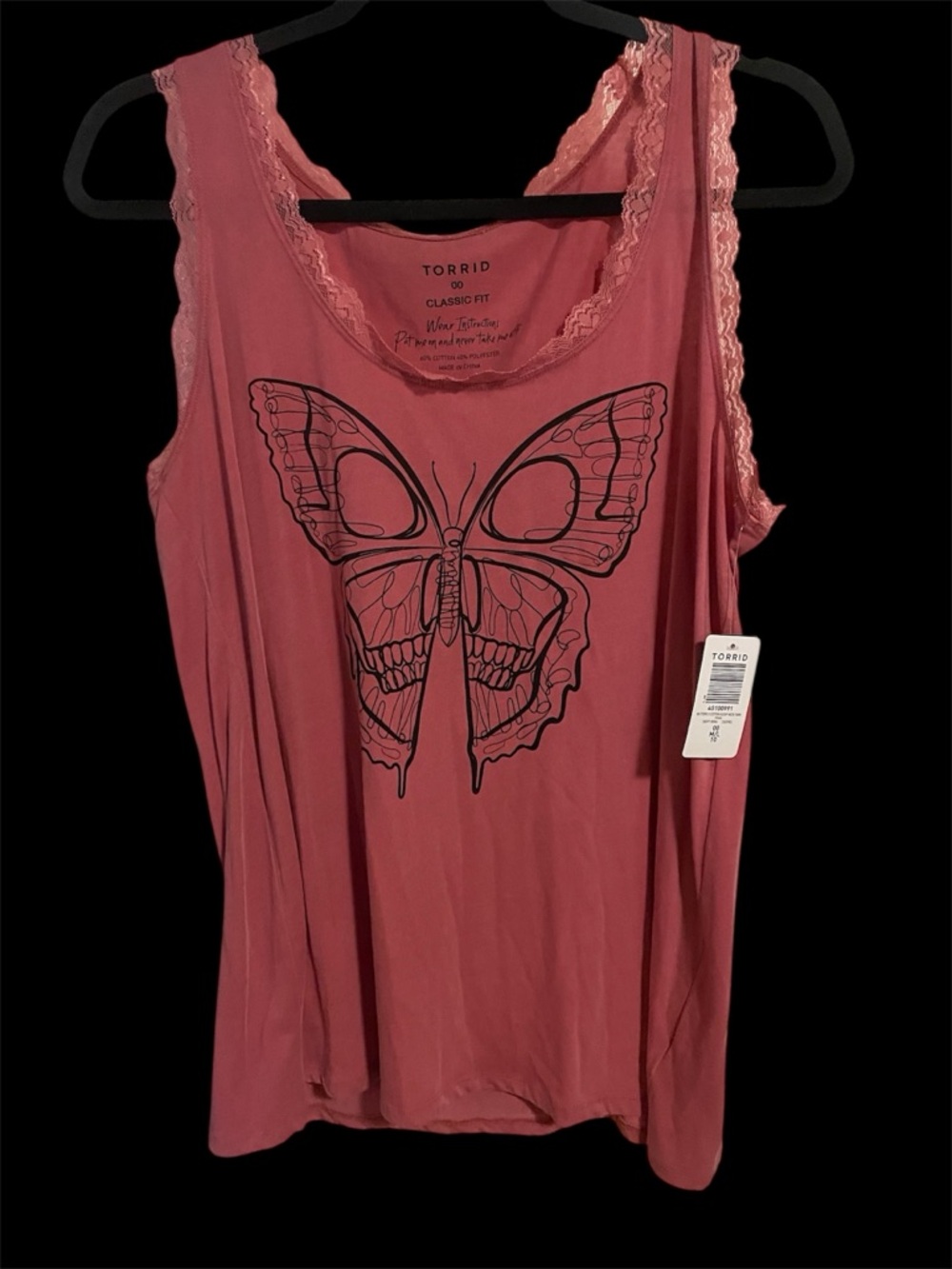torrid rose-pink lace trim butterfly skull tank